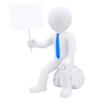 3d man sitting on the brain and holding a plate. Isolated render on a white background