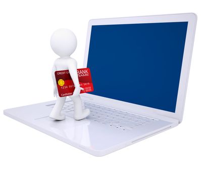 3d man with credit card makes online shopping. Isolated render on a white background