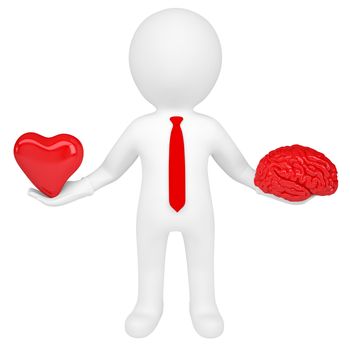 3d man holding a heart and a brain. Isolated render on a white background