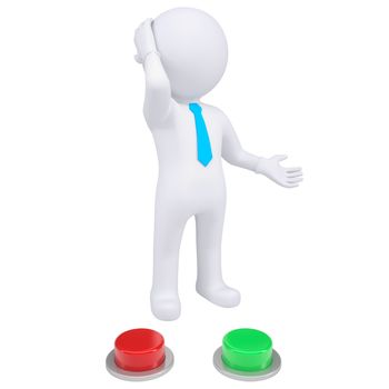 3d man standing near the red and green buttons. Isolated render on a white background