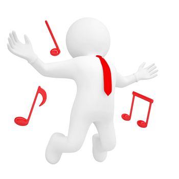 3d man jumping up and music sign. Isolated render on a white background