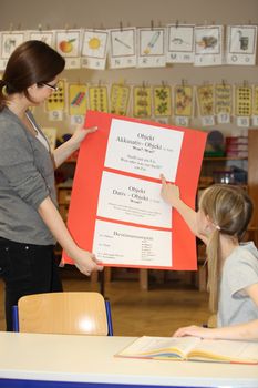 German lessons in primary school - teacher and student together to practice