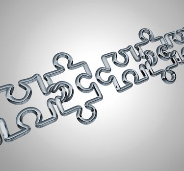 Bridge the gap business cooperation concept with a group of three dimensional metal linked chain network in the shape of puzzle pieces connecting together to form a strong financial team.