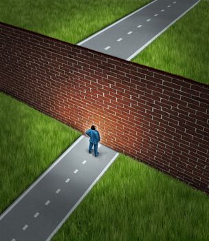 Business challenge and financial obstacles concept with a businessman standing in front of a large brick wall that has blocked his path and obstructed a journey to success