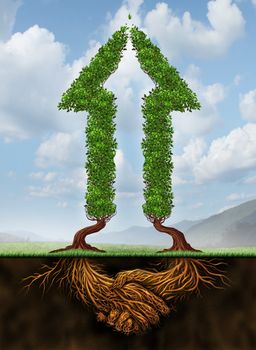 Collaborating for growth as a business agreement and cooperation concept in financial success between a group of partners working together as a concept of two arrow shaped trees with roots in the form of a hand shake.