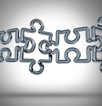 Connection bridge and bridging the gap in business cooperation as a concept with a group of three dimensional metal chain links in a network shaped as puzzle pieces connected together to form a strong financial team.