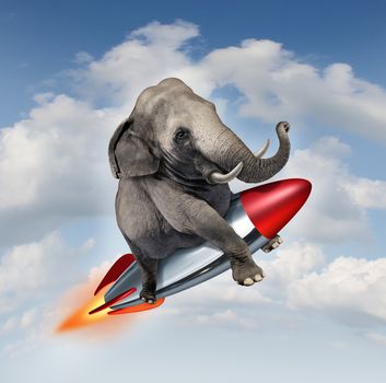 Courage and determination as a potential and possibilities concept with a realistic elephant flying in the air using a rocket as a business symbol of achievement and belief in your abilities to succeed in upward growth.