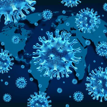 Global virus and world virus infection as a health care symbol with dangerous contagious bacteria infecting different populations as Asia Russia Europe Africa and America on a blue background.