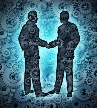 Industry agreement with two business men shaking hands on a background of a group of three dimensional gears and cogs working together in partnership for a strong cooperation.