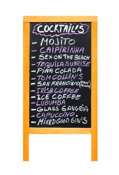 List of different cocktail drinks on advertising board, isolated on white background.