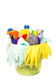 full box of cleaning supplies and gloves isolated on white