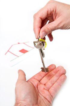 Human hands and key isolated on white background 