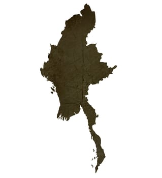 Dark silhouetted and textured map of Burma isolated on white background.