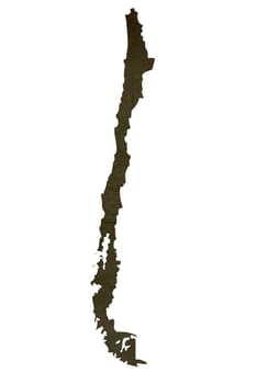 Dark silhouetted and textured map of Chile isolated on white background.