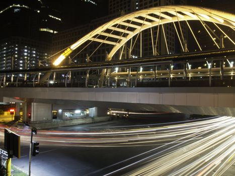 Pubic skywalk with modern buildings of Bangkok downtown square in business zone, Thailand 