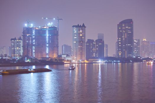 Chao Phraya river and city at Dusk of Bangkok, Thailand
