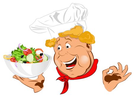 Funny Chef and big plate with fresh vegetable salad