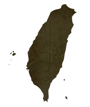 Dark silhouetted and textured map of Taiwan isolated on white background.