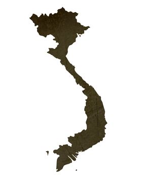 Dark silhouetted and textured map of Vietnam isolated on white background.