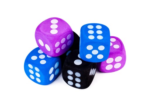 Stack of 6 dice in blue, purple, and black on white background.