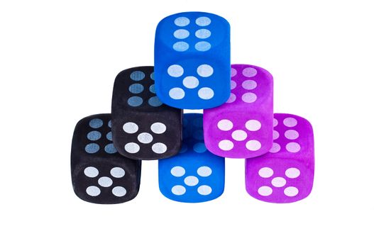 Six dice stacked up in a pyramid with sixes showing.  Colors of dice are purple, blue, and black on white background.