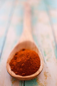 chilli spice in wooden spoon over wood background - selective focus