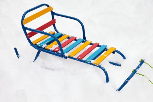 Little child fun winter outdoor snow sport sled