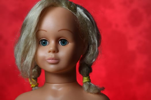 Doll head shot in studio with red background