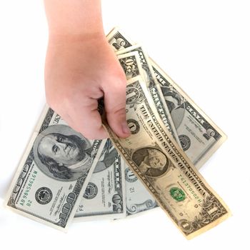 Hand with dollar on a white background