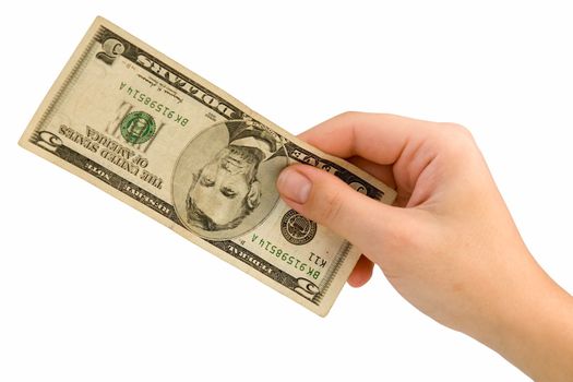Female hand with five dollars on a white background.