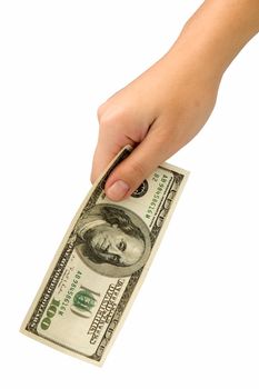 Female hand with one hundred dollars on a white background.
