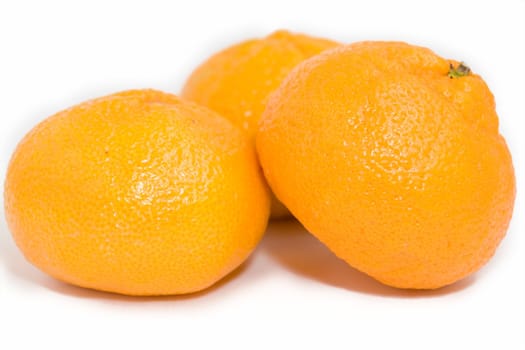 Three fresh tangerines on a white background