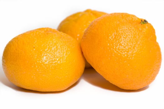 Three fresh tangerines on a white background