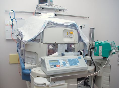 newborn baby sleeping in an incubator in hospital.branch to reanimations