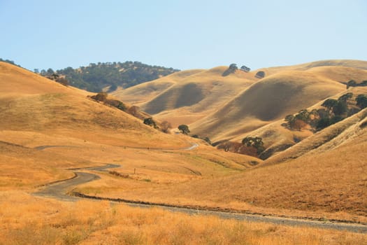 Windy road through hills on a sunny day.
