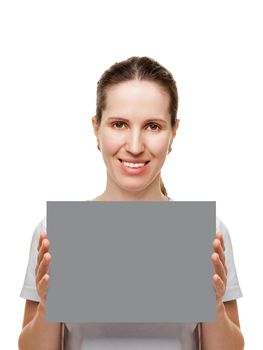 Smiling women hand holding grey empty blank card