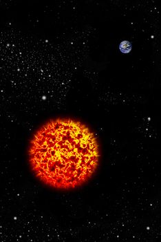 Real earth planet in space with Big sun, Astronomy concept