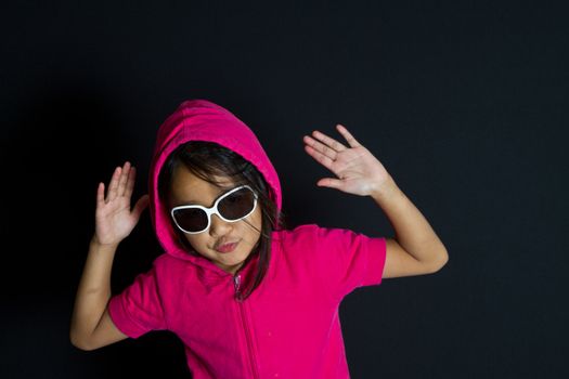 girl with sunglassesplaying smart in red