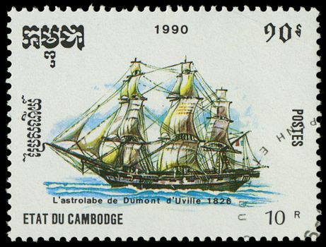 CAMBODIA - CIRCA 1990: A stamp printed in Cambodia shows image of a antique sailing ship, circa 1990