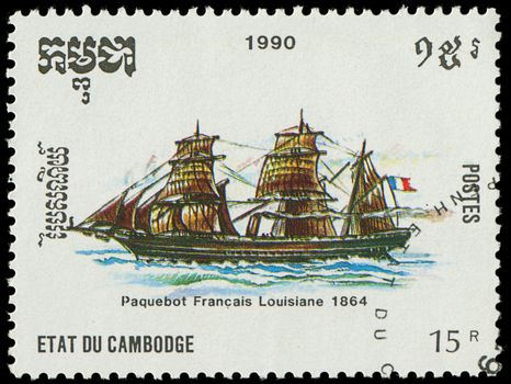 CAMBODIA - CIRCA 1990: A stamp printed in Cambodia shows image of a antique sailing ship, circa 1990