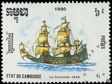 CAMBODIA - CIRCA 1990: A stamp printed in Cambodia shows image of a antique sailing ship, circa 1990