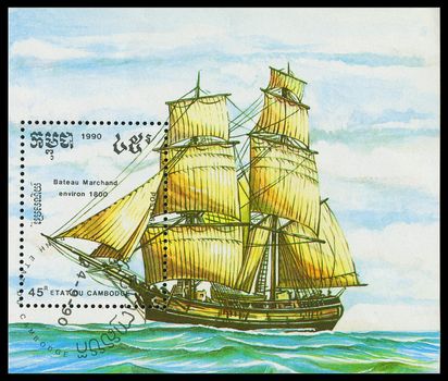 CAMBODIA - CIRCA 1990: A stamp printed in Cambodia shows image of a antique sailing ship, circa 1990