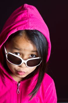 girl with sunglassesplaying smart in red