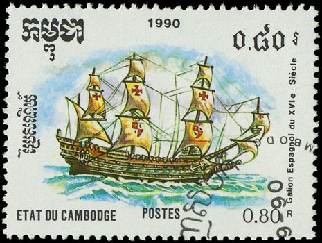 CAMBODIA - CIRCA 1990: A stamp printed in Cambodia shows image of a antique sailing ship, circa 1990