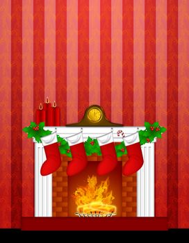 Fireplace Christmas Decoration with Garland Stocking Pillar Candles and Mantel Clock  on Red Wallpaper Background Illustration