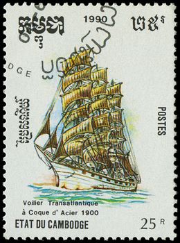 CAMBODIA - CIRCA 1990: A stamp printed in Cambodia shows image of a antique sailing ship, circa 1990