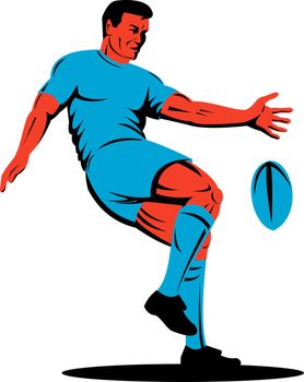illustration of a rugby player kicking the ball on isolated background done in retro woodcut style