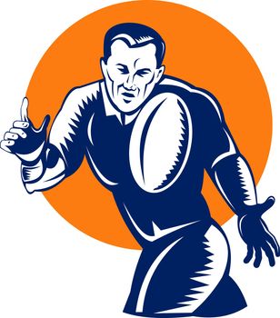 illustration of a rugby player running passing the ball on isolated background done in retro woodcut style