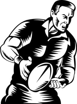 illustration of a rugby player running passing the ball on isolated background done in retro woodcut style