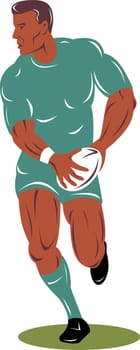 illustration of a rugby player running passing the ball on isolated background done in retro woodcut style